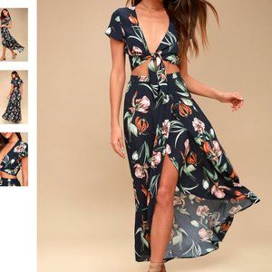 Lulus | Navy Blue Floral Print Two-Piece Maxi Dress | S/M